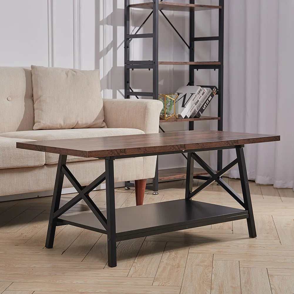 【Breeins】2 Tier Industrial Style Coffee Table with Storage Shelf Rustic Wood with Metal Legs