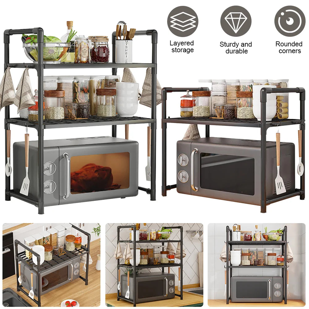 Sturdy Multi-Tier Kitchen Storage Rack with Handles, Durable Organizer with Side Hooks, Metal Frame Rack, Modern Kitchen Rack