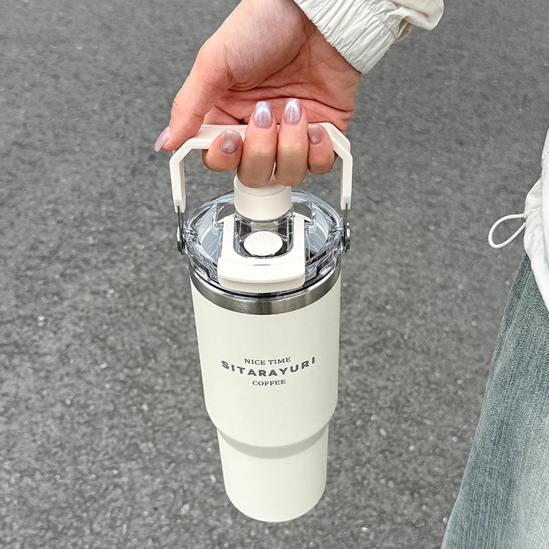 1pc Magnetic Suction Lid Double-layer Vacuum Insulated Water Bottle 600ml/900ml Wide Handle Portable  Outdoorulation Drinkware