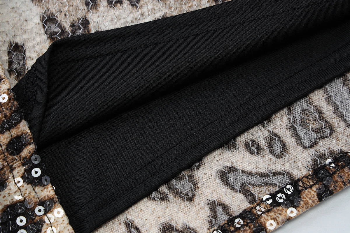 Hugcitar Leopard Print Sequined Strapless Backless Sexy Bodycon Mini Dress 2024 Autumn Women Fashion Y2K Clothes Party Nightclub