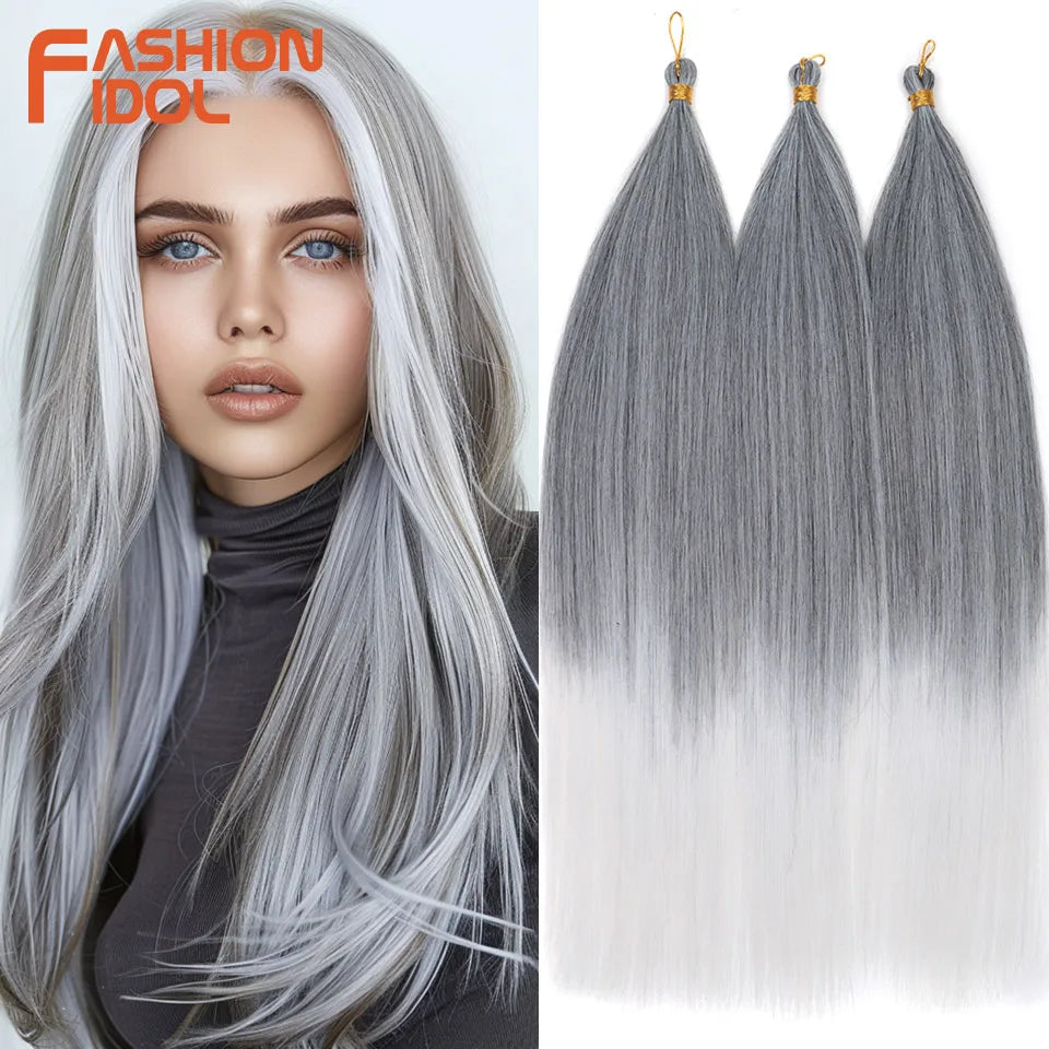 28" 3PCS Ariel Straight Pony Hair Bundles Crochet Braids Hair Synthetic Braiding Hair Ombre Silver Grey Crochet Hair Extensions