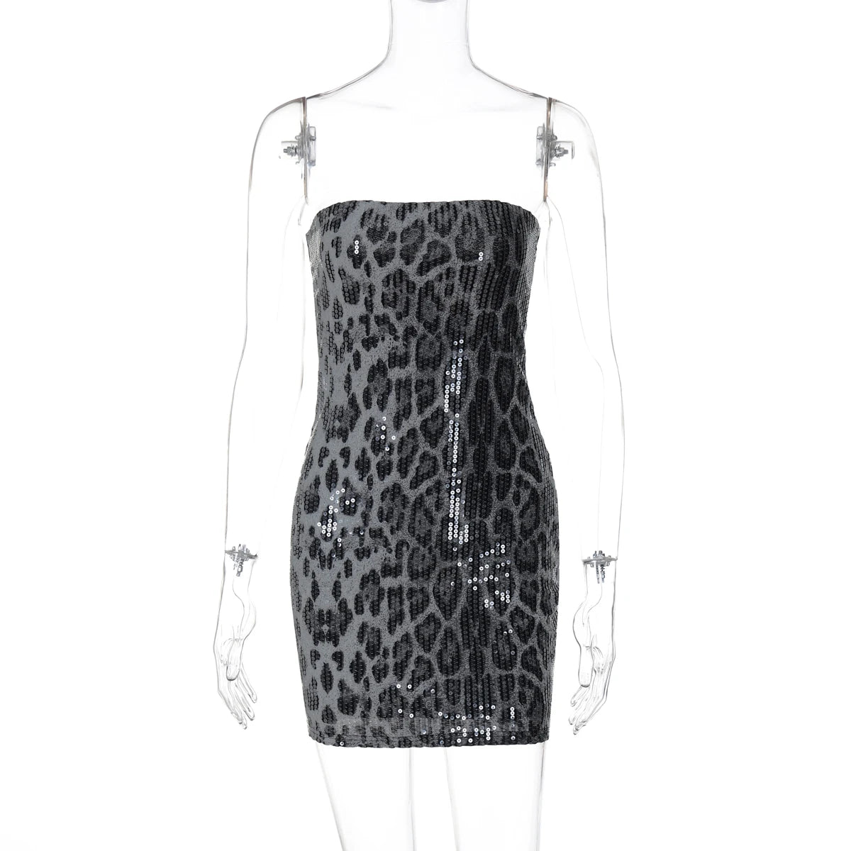 Hugcitar Leopard Print Sequined Strapless Backless Sexy Bodycon Mini Dress 2024 Autumn Women Fashion Y2K Clothes Party Nightclub