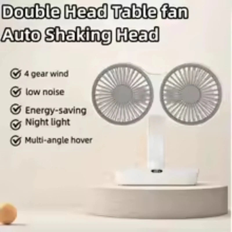 Double Head Desktop Fan: 4-Speed Fast Cooling, 8000mAh Battery Digital Display Adjustable Directions Shaking Function for Househ