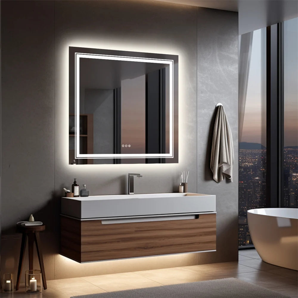 LUVODI Wall Bathroom Mirror with LED Lights Square Dimmable Defog Illuminated Mirrors Makeup