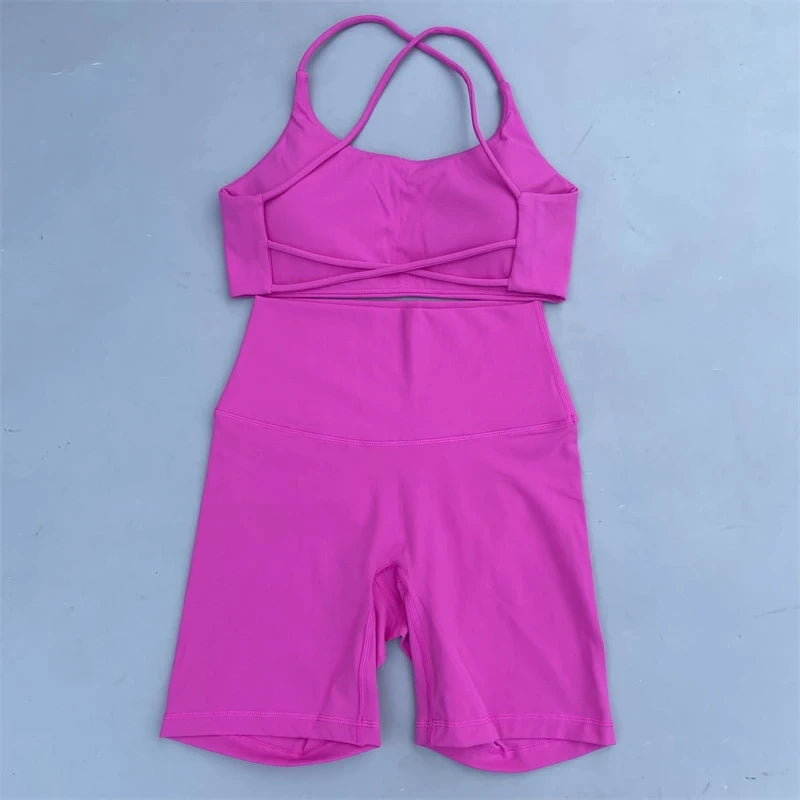 Solid Color Soft Gym Yoga Set Short Legging +Cross Back Sport Bra Tracksuit Women Gym Suit Comprehensive Training Jog Athletic