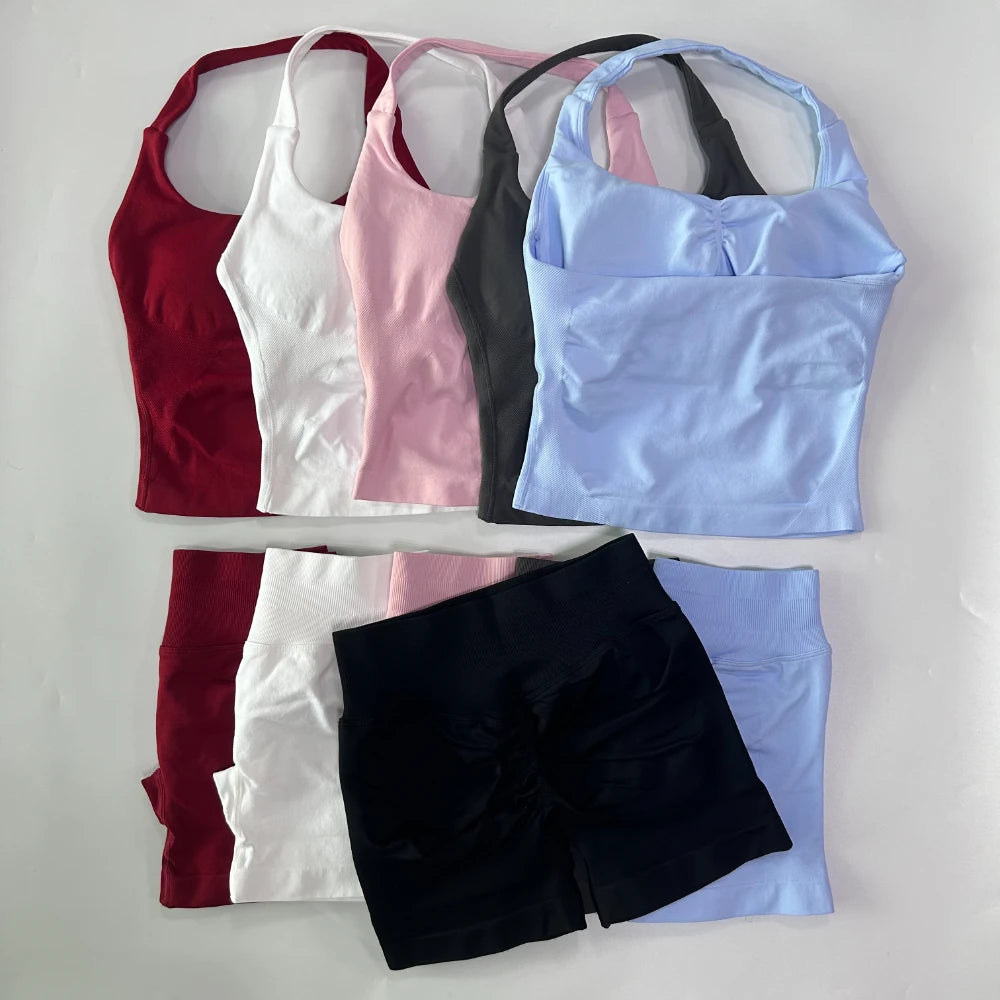 No Logo 2 Pieces Gym Set Women Backless Halter Tops High Waist Seamless Shorts Gym Suit Fitness Clothes Sportswear Workout Sets