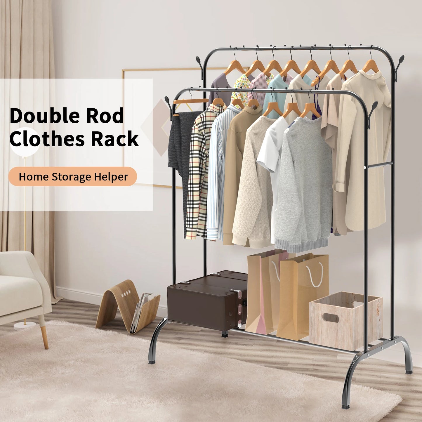 Double-track, double-rod storage rack, coat hanger, garment rack, display rack, shoe rack, clothes rail, adjustable height