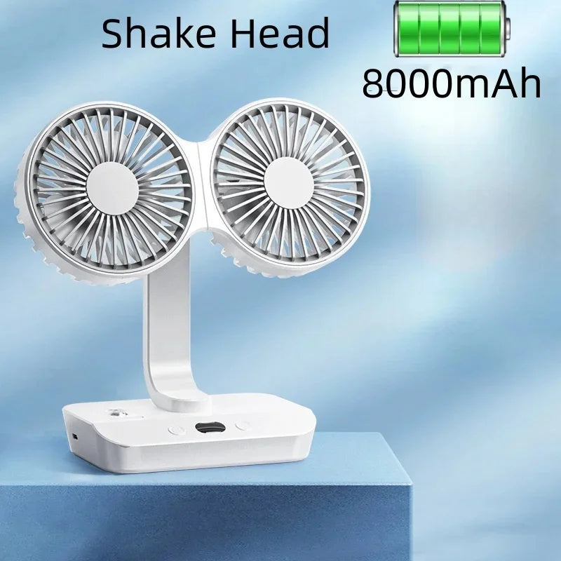 Double Head Desktop Fan: 4-Speed Fast Cooling, 8000mAh Battery Digital Display Adjustable Directions Shaking Function for Househ