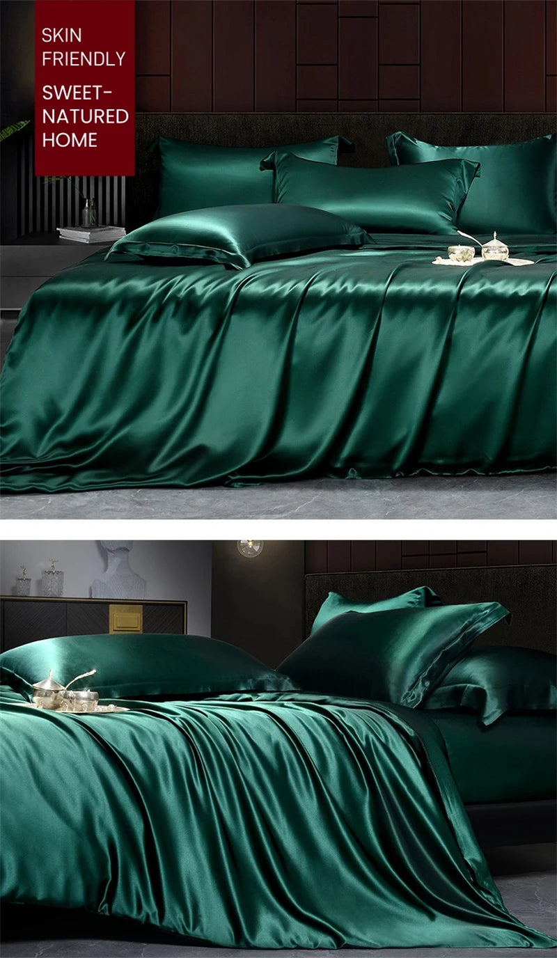 Solid 4pcs Silk Bedding Set with Duvet Cover Fitted/Flat Bed Sheet Pillowcase Bedspreads and Coverlets  Single Double Bedsheet