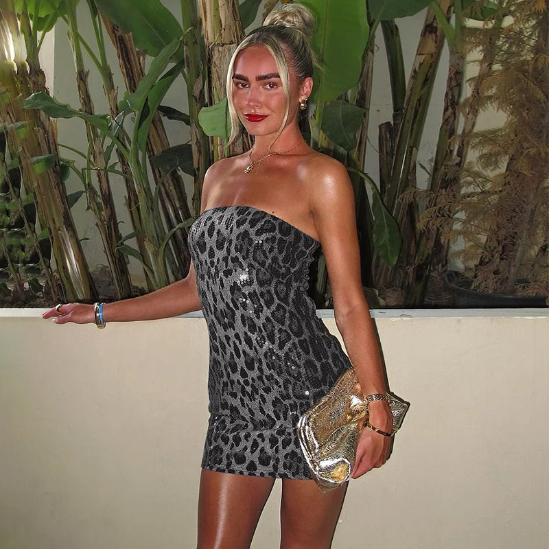 Hugcitar Leopard Print Sequined Strapless Backless Sexy Bodycon Mini Dress 2024 Autumn Women Fashion Y2K Clothes Party Nightclub
