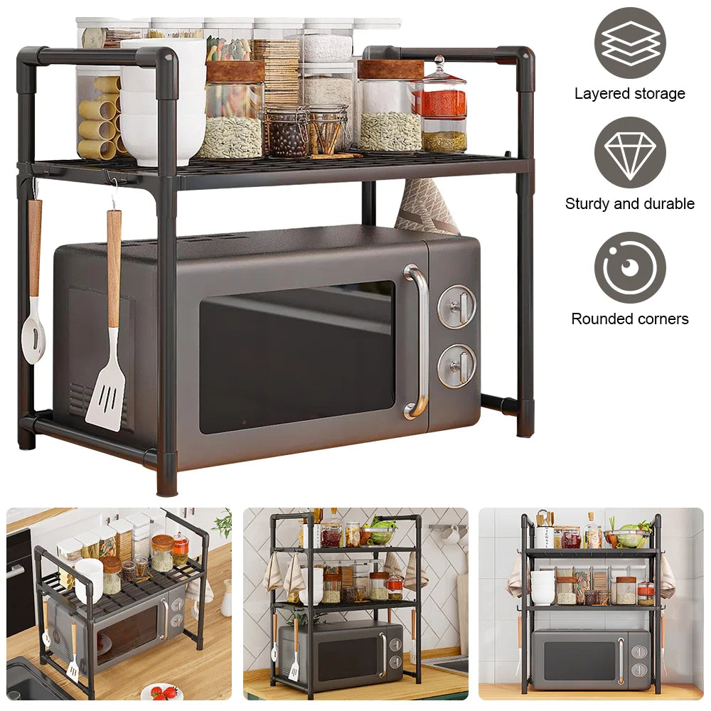 Sturdy Multi-Tier Kitchen Storage Rack with Handles, Durable Organizer with Side Hooks, Metal Frame Rack, Modern Kitchen Rack