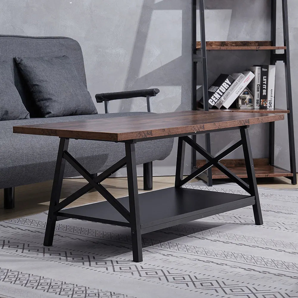 【Breeins】2 Tier Industrial Style Coffee Table with Storage Shelf Rustic Wood with Metal Legs