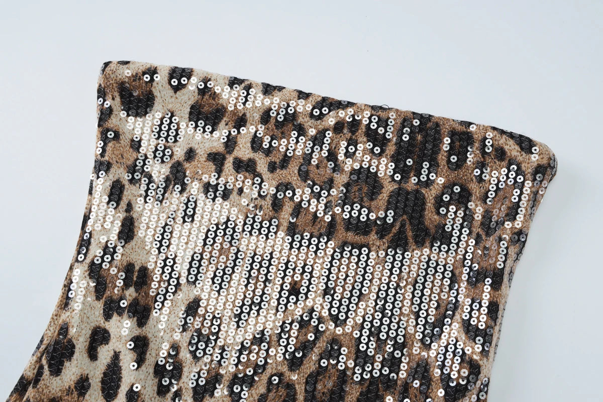 Hugcitar Leopard Print Sequined Strapless Backless Sexy Bodycon Mini Dress 2024 Autumn Women Fashion Y2K Clothes Party Nightclub