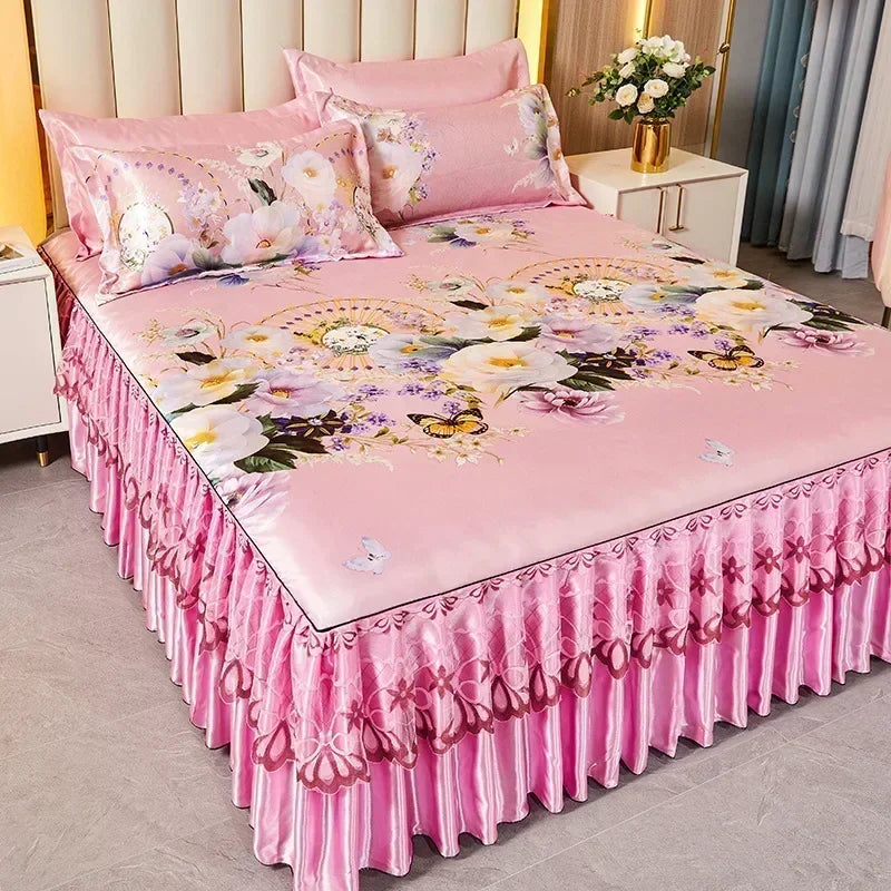 3Pcs Summer Bed Skirt Style Bedspread Lace European Style Three Piece Set Skirt Style Bed Cover Mattress Dust Protection Cover