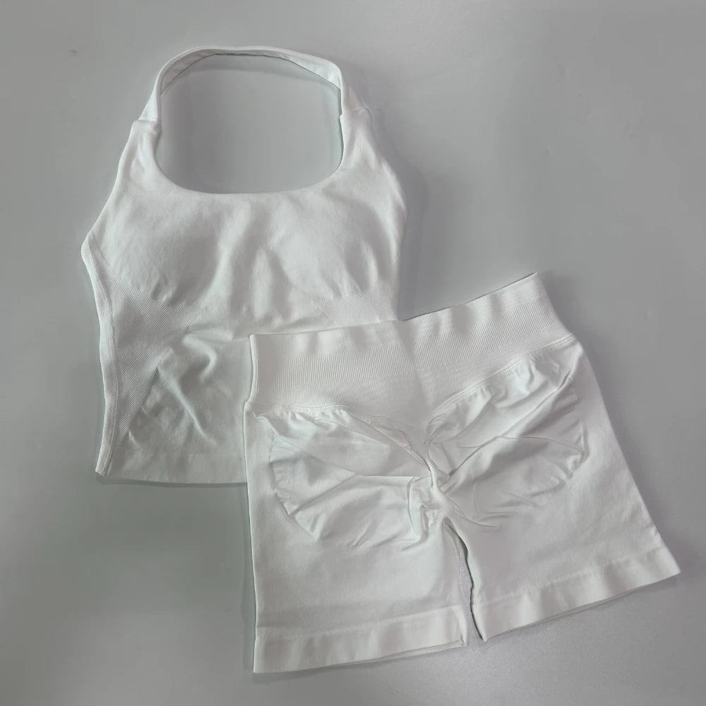 No Logo 2 Pieces Gym Set Women Backless Halter Tops High Waist Seamless Shorts Gym Suit Fitness Clothes Sportswear Workout Sets