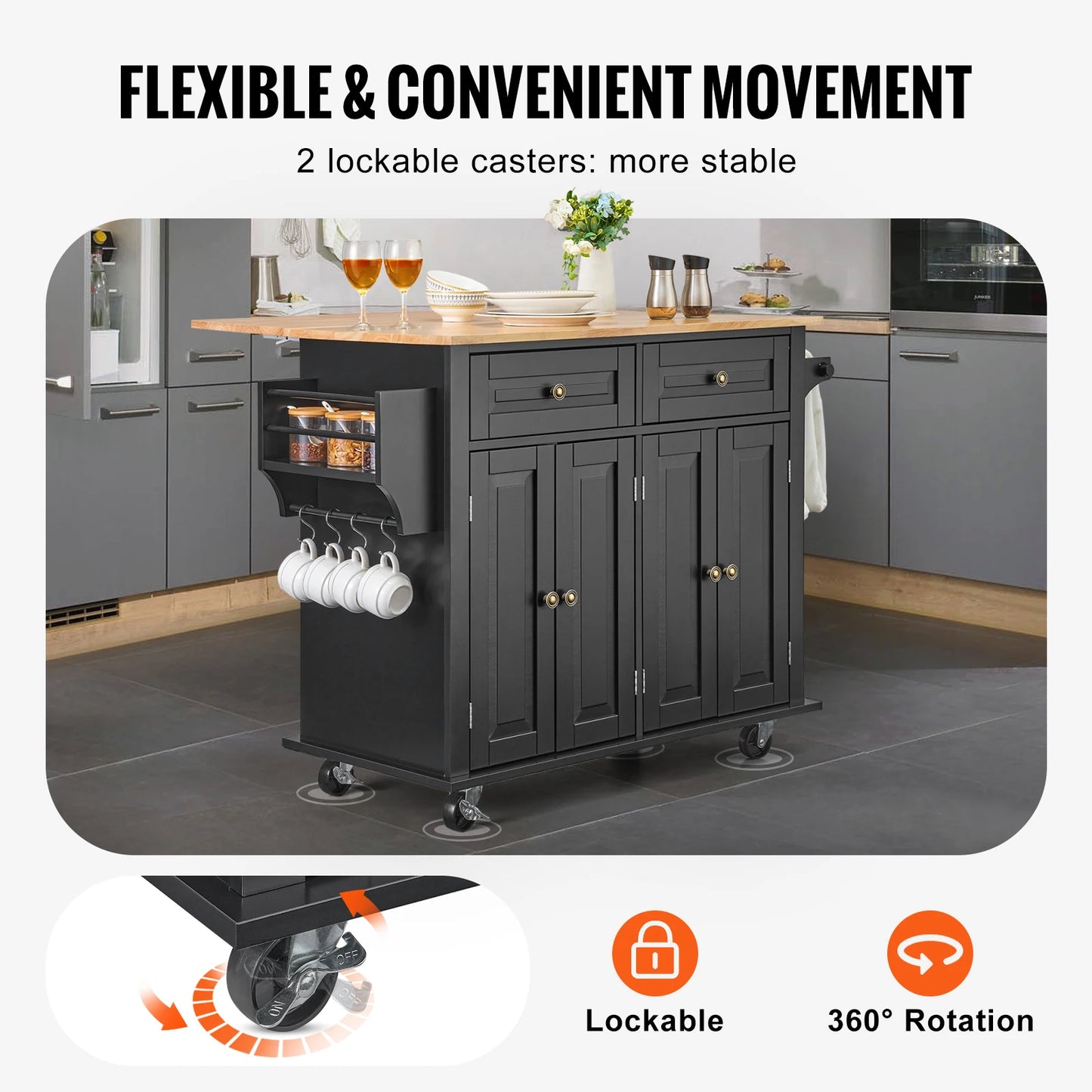SucceBuy 43" Kitchen Island Cart Wood Top Mobile Carts with Storage Cabinet Rolling Table with Drop Leaf Spice Rack Towel Bar