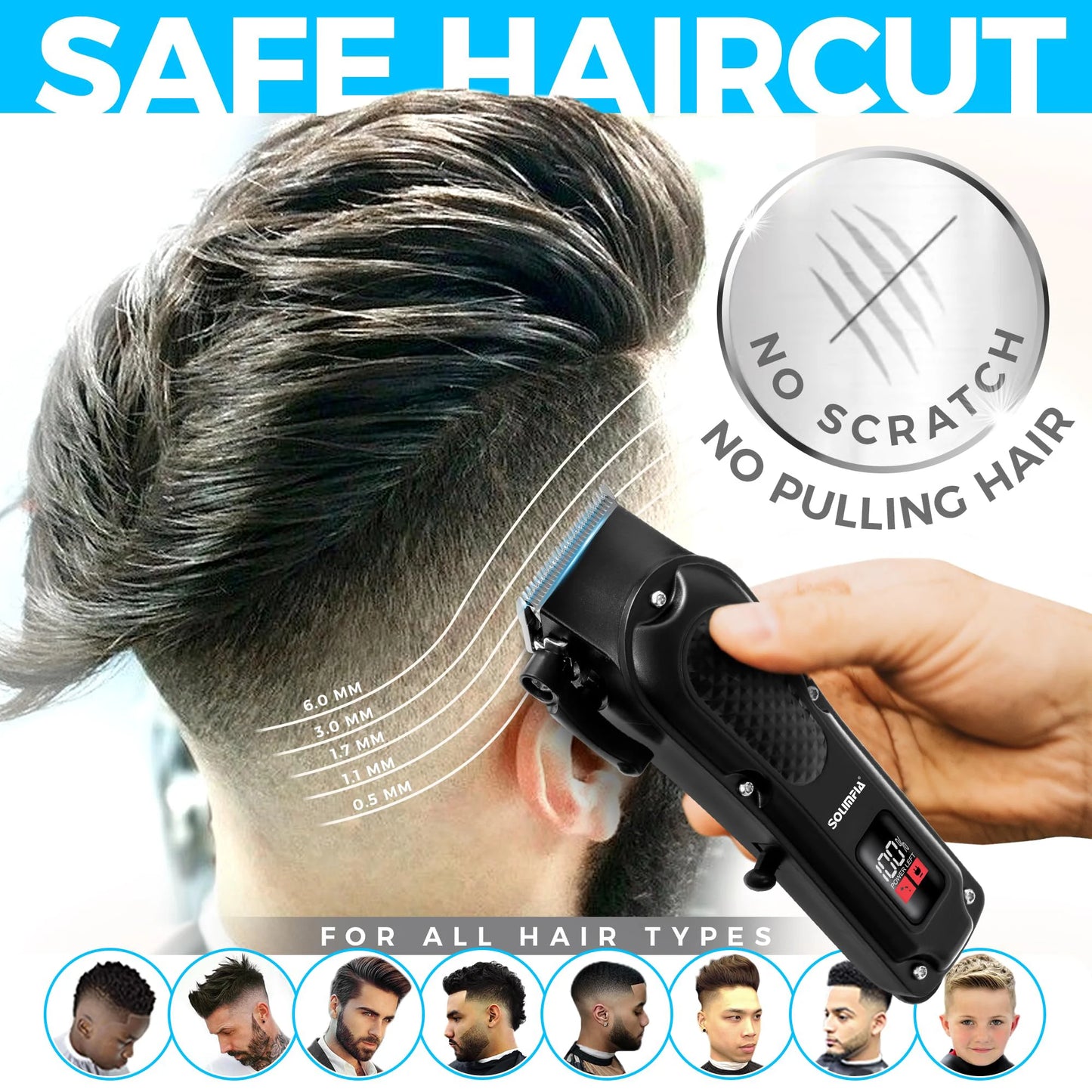 SOUMPIA 3 PCS Hair Clipper for Men Cordless Beard Trimmer Bald Head Shaver Body Groomer with USB Multiple Guards LED Display