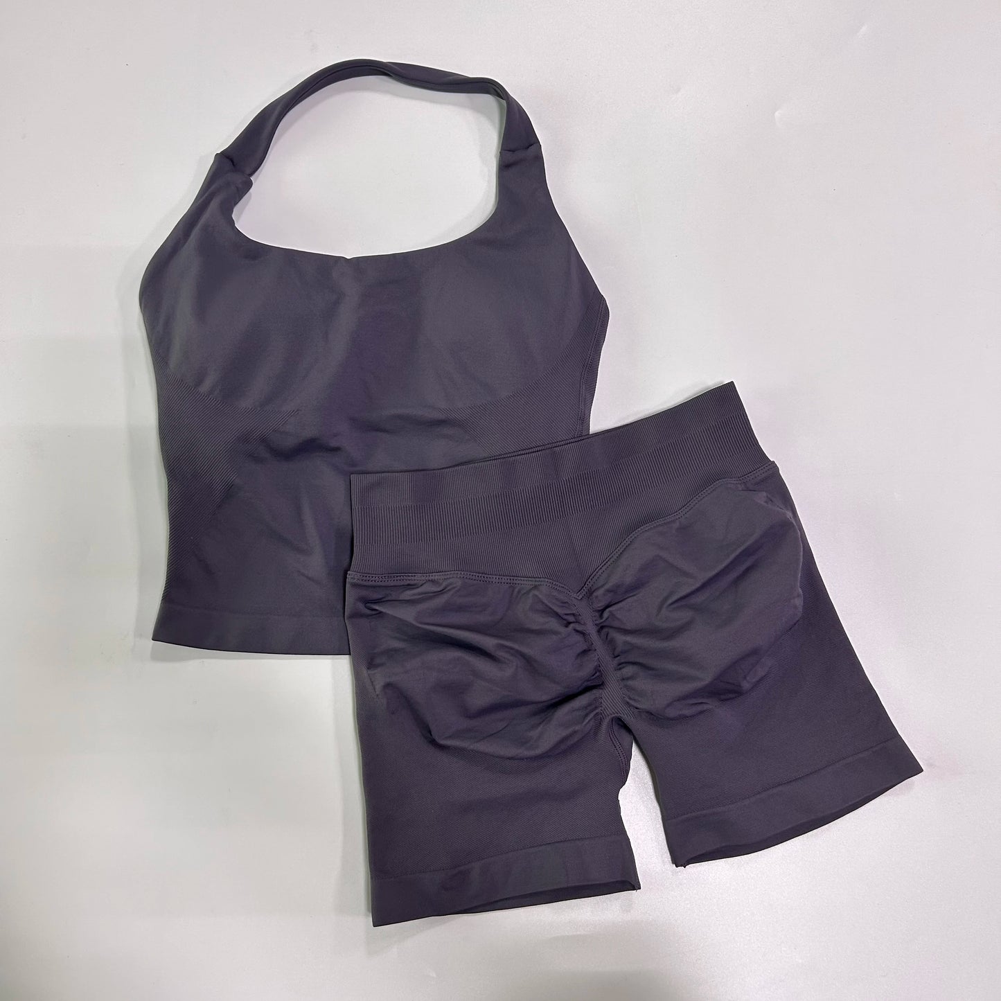 No Logo 2 Pieces Gym Set Women Backless Halter Tops High Waist Seamless Shorts Gym Suit Fitness Clothes Sportswear Workout Sets