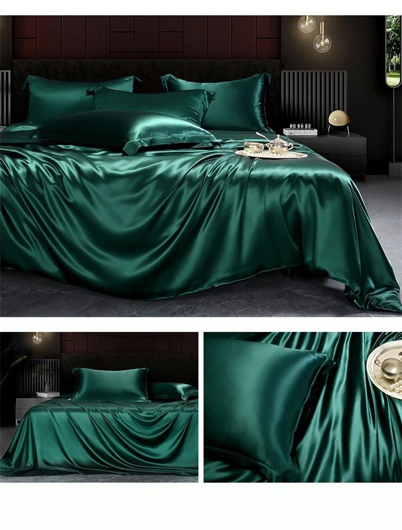 Solid 4pcs Silk Bedding Set with Duvet Cover Fitted/Flat Bed Sheet Pillowcase Bedspreads and Coverlets  Single Double Bedsheet