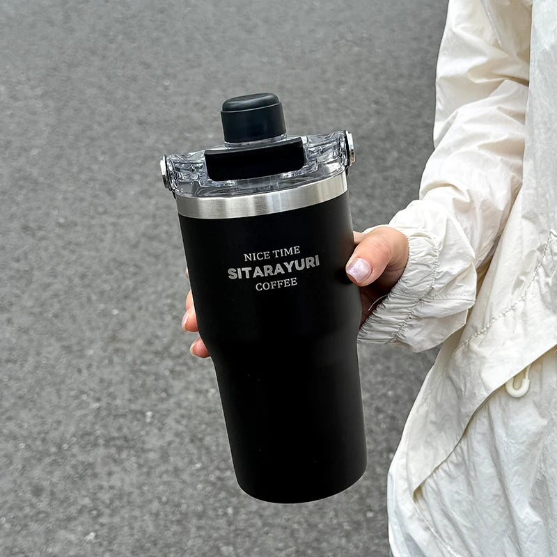 1pc Magnetic Suction Lid Double-layer Vacuum Insulated Water Bottle 600ml/900ml Wide Handle Portable  Outdoorulation Drinkware