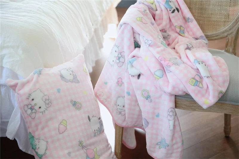 Cute Pink Cat Blanket Warm Flannel Blanket Pillowcase Japanese Style Pattern Printing Blanket Bedspread Bedroom Girl