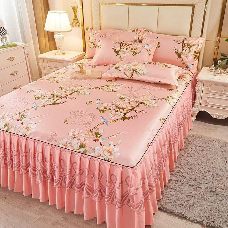 3Pcs Summer Bed Skirt Style Bedspread Lace European Style Three Piece Set Skirt Style Bed Cover Mattress Dust Protection Cover