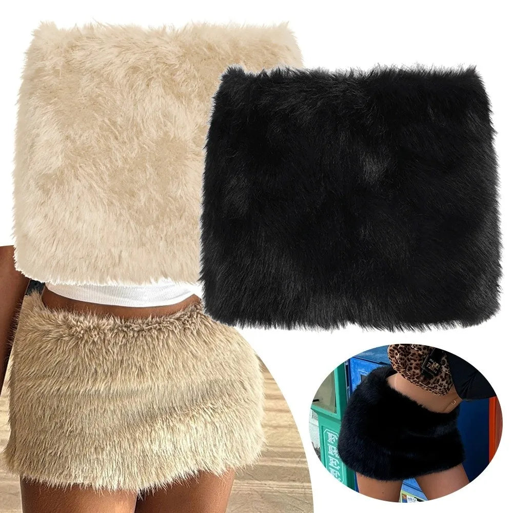 Fashion Luxury Hip Skirt Artificial Fur Low Rise Mini Skirt Furry Vintage Pencil Skirt for Women