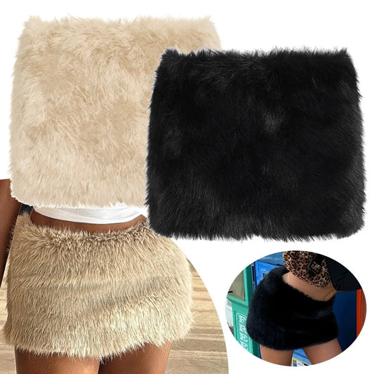 Fashion Luxury Hip Skirt Artificial Fur Low Rise Mini Skirt Furry Vintage Pencil Skirt for Women
