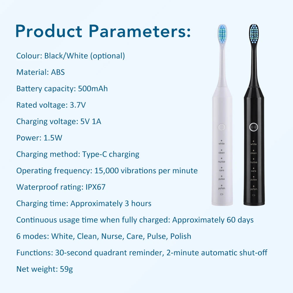 Sonic Electric Toothbrush Smart Ultrasonic Dental Teeth Whitening Rechargeable Adult Tooth Brush With 6 Modes and 4 Brush Heads