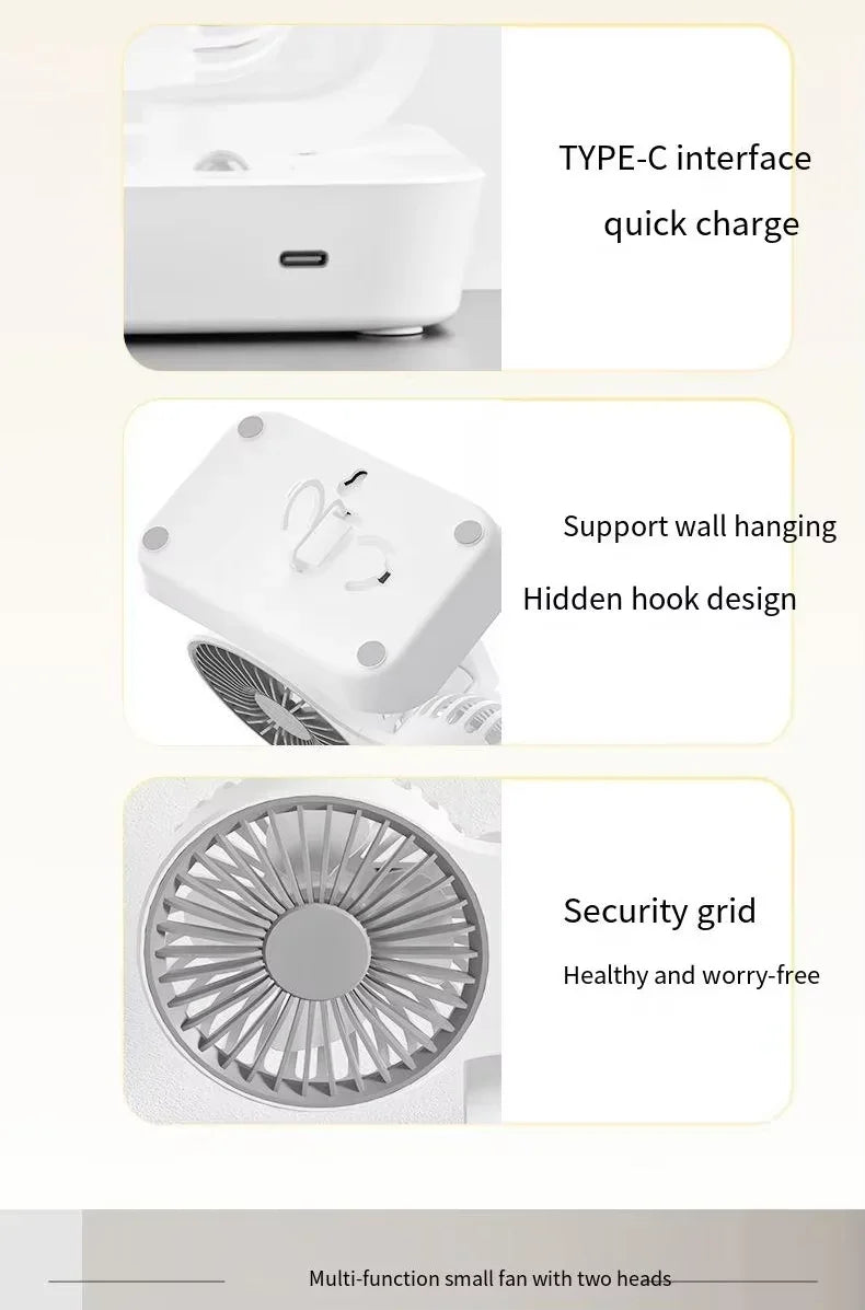 Double Head Desktop Fan: 4-Speed Fast Cooling, 8000mAh Battery Digital Display Adjustable Directions Shaking Function for Househ
