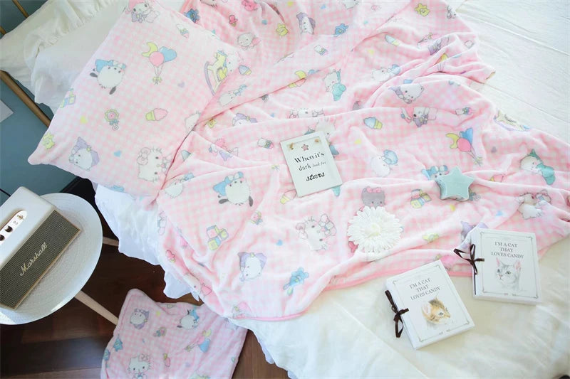 Cute Pink Cat Blanket Warm Flannel Blanket Pillowcase Japanese Style Pattern Printing Blanket Bedspread Bedroom Girl