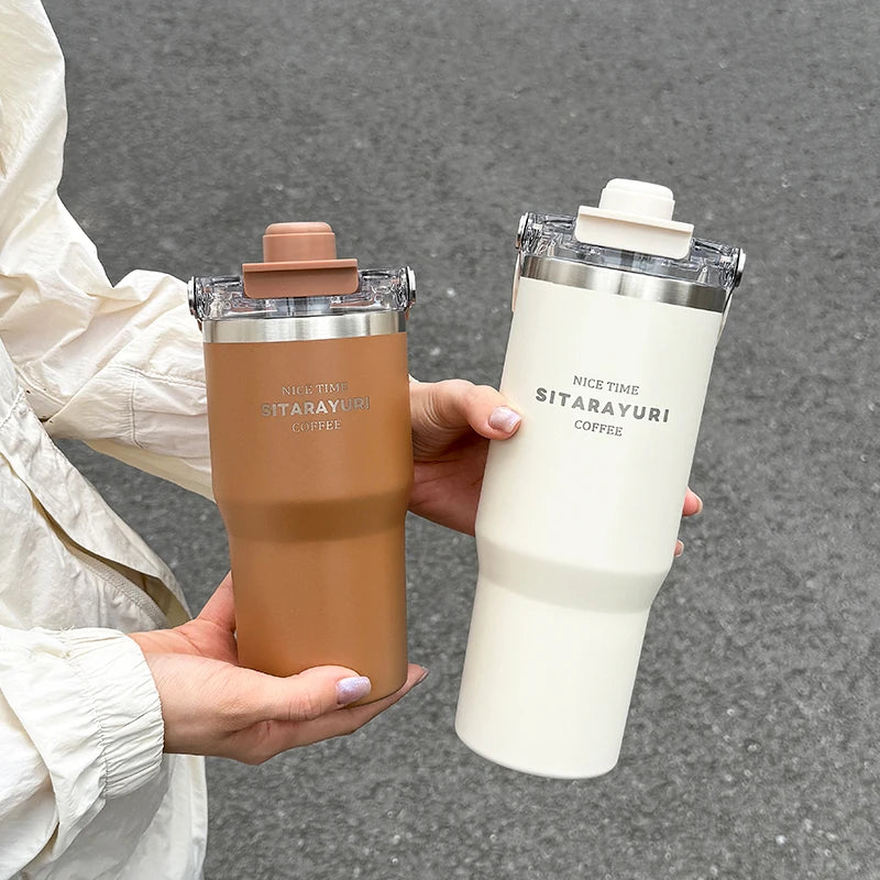 1pc Magnetic Suction Lid Double-layer Vacuum Insulated Water Bottle 600ml/900ml Wide Handle Portable  Outdoorulation Drinkware