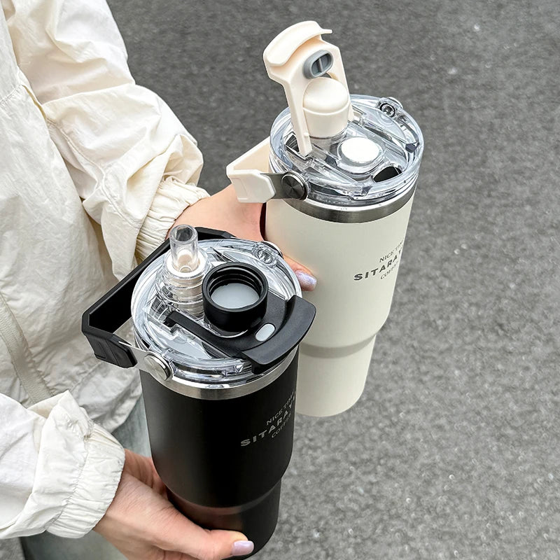 1pc Magnetic Suction Lid Double-layer Vacuum Insulated Water Bottle 600ml/900ml Wide Handle Portable  Outdoorulation Drinkware