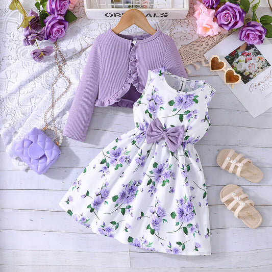 9M-8Y Sweety Girl Dress Set Floral Print Round Neck Bow A-Line Tank Dress Ruffled Ribbed Cardigan Children's Sets