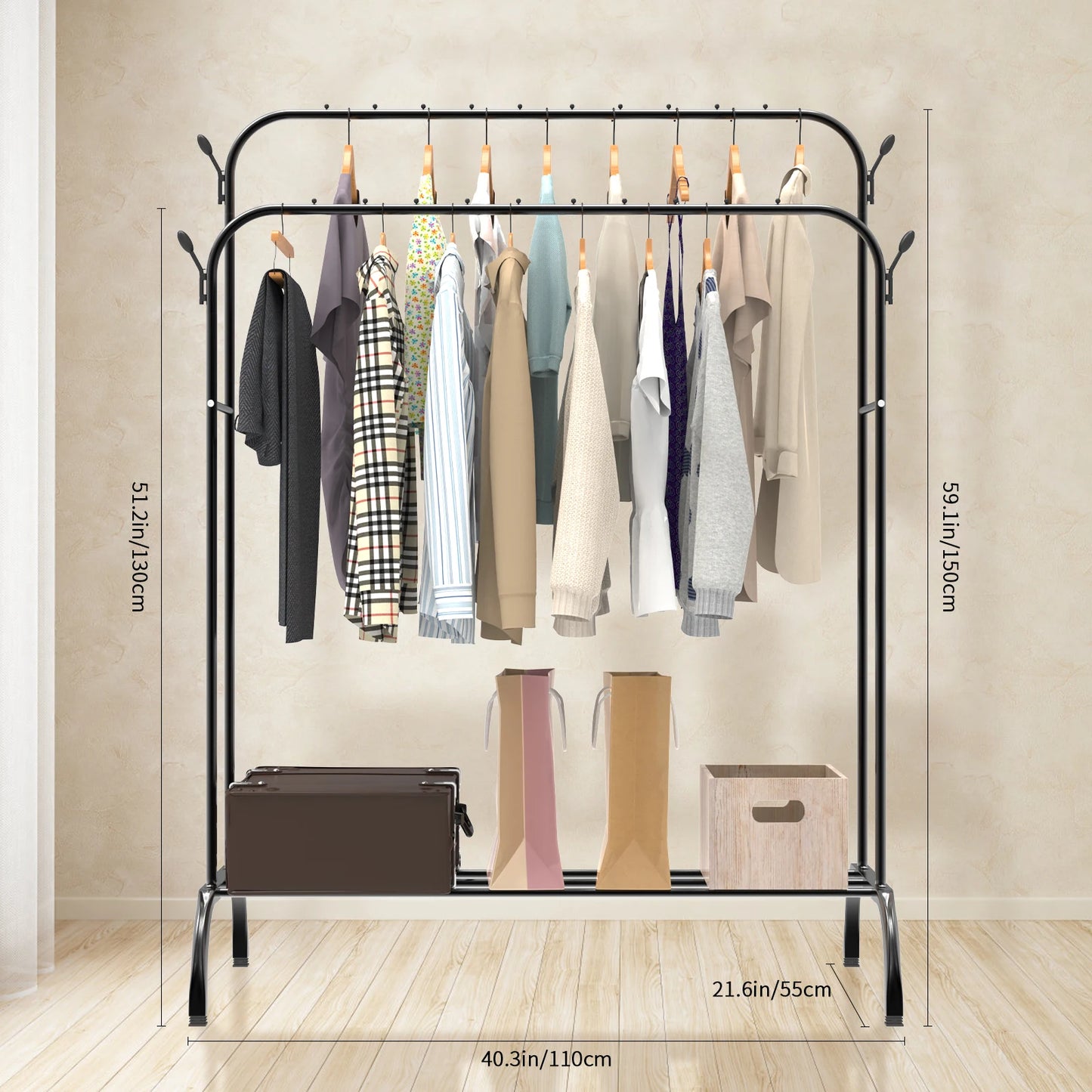 Double-track, double-rod storage rack, coat hanger, garment rack, display rack, shoe rack, clothes rail, adjustable height