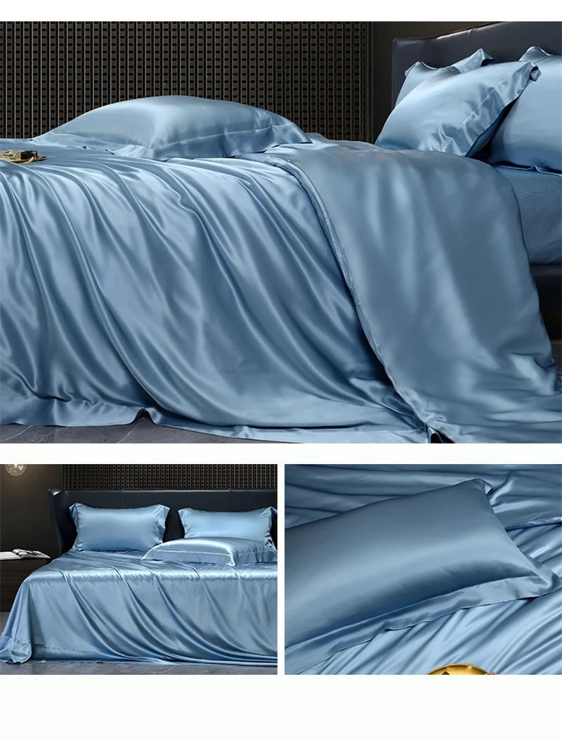 Solid 4pcs Silk Bedding Set with Duvet Cover Fitted/Flat Bed Sheet Pillowcase Bedspreads and Coverlets  Single Double Bedsheet