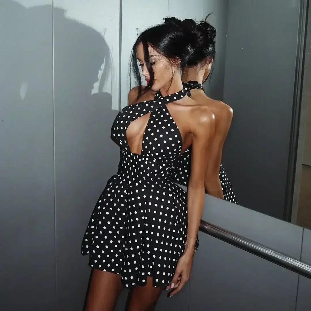 Polka Dot Halter Mini Dress Women Fashion Backless Sleeveless Off-shoulder Hollow Out Slim Short Vestidos 2026 Lady Party Gown