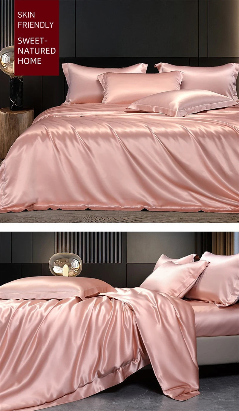 Solid 4pcs Silk Bedding Set with Duvet Cover Fitted/Flat Bed Sheet Pillowcase Bedspreads and Coverlets  Single Double Bedsheet