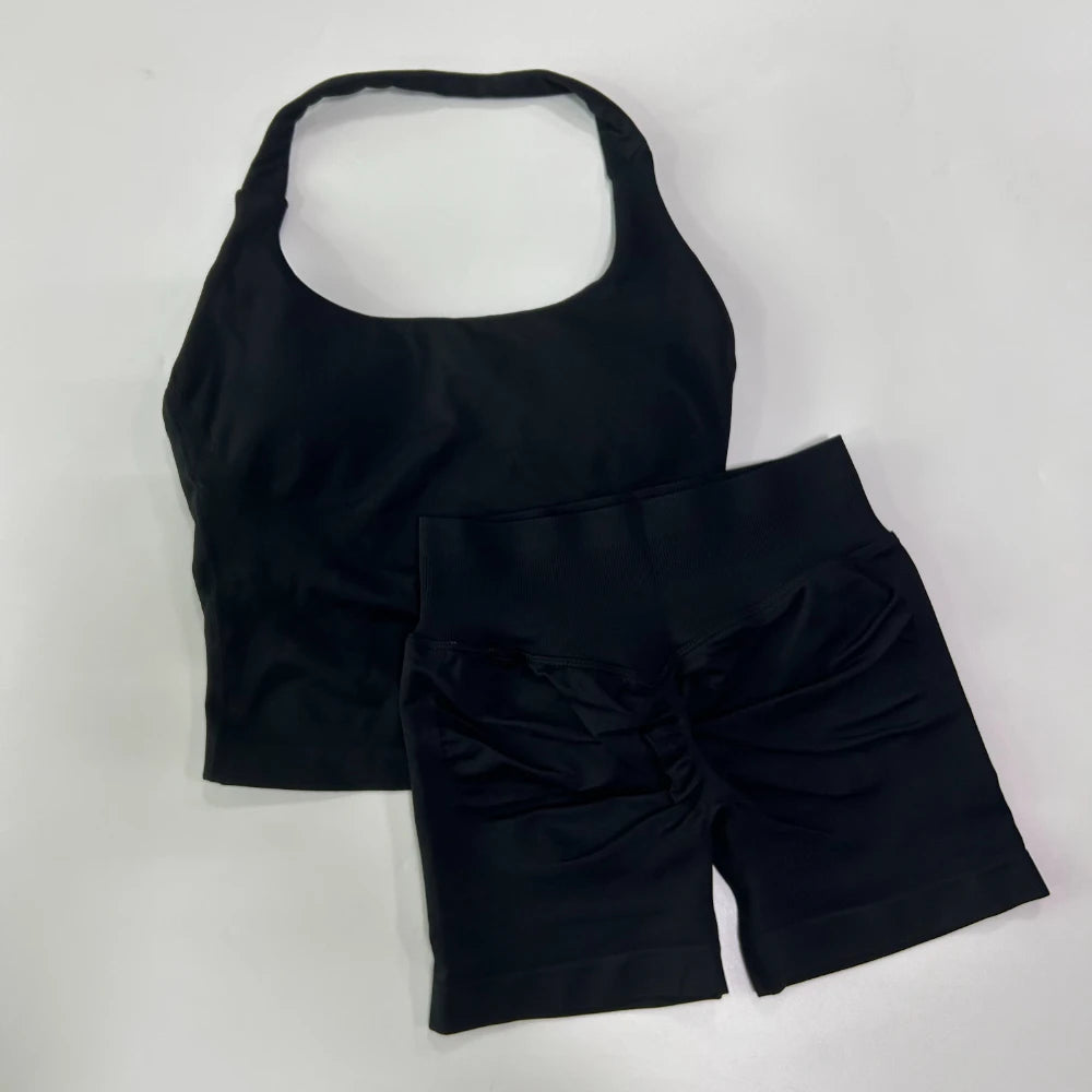 No Logo 2 Pieces Gym Set Women Backless Halter Tops High Waist Seamless Shorts Gym Suit Fitness Clothes Sportswear Workout Sets