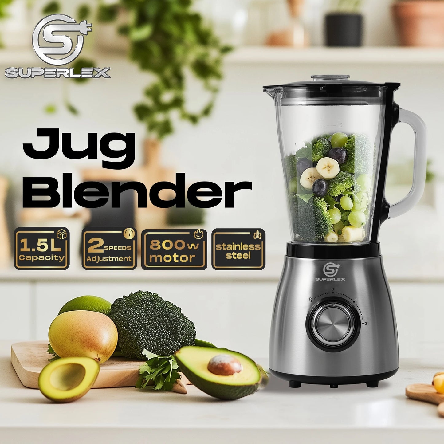 SUPERLEX 1.5L Multifunctional Wall Breaking Machine 2Speed Multi-purpose 3 in 1 Double Cup Squeezing Blender 800W BPA Free New