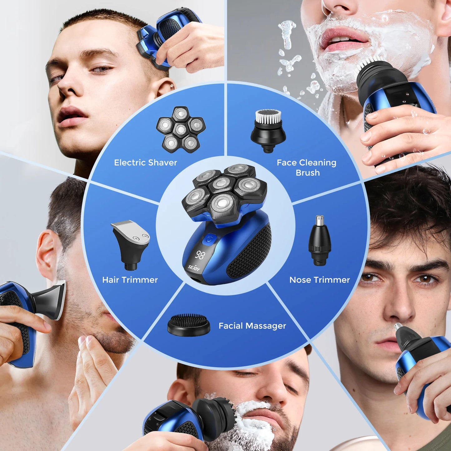 Sejoy JK-1800 Multifunctional Head Shavers for Bald Men 6 Floating Blade Rechargeable Nose Hair Trimmer Grooming Kit