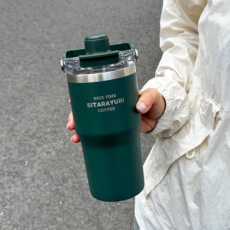 1pc Magnetic Suction Lid Double-layer Vacuum Insulated Water Bottle 600ml/900ml Wide Handle Portable  Outdoorulation Drinkware