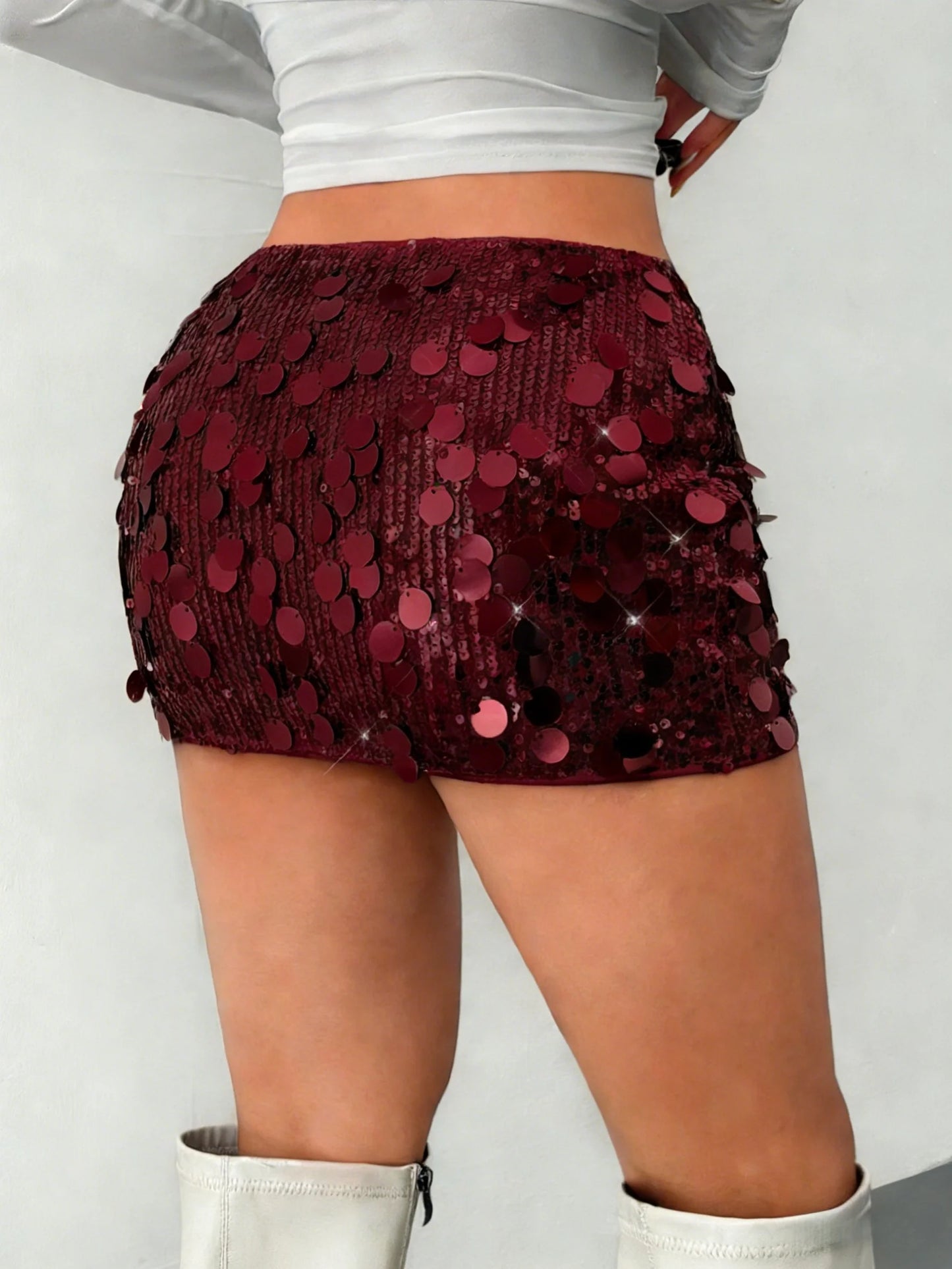 Women's Burgundy Sequin Mini Skirt High Waist Bodycon Skirt