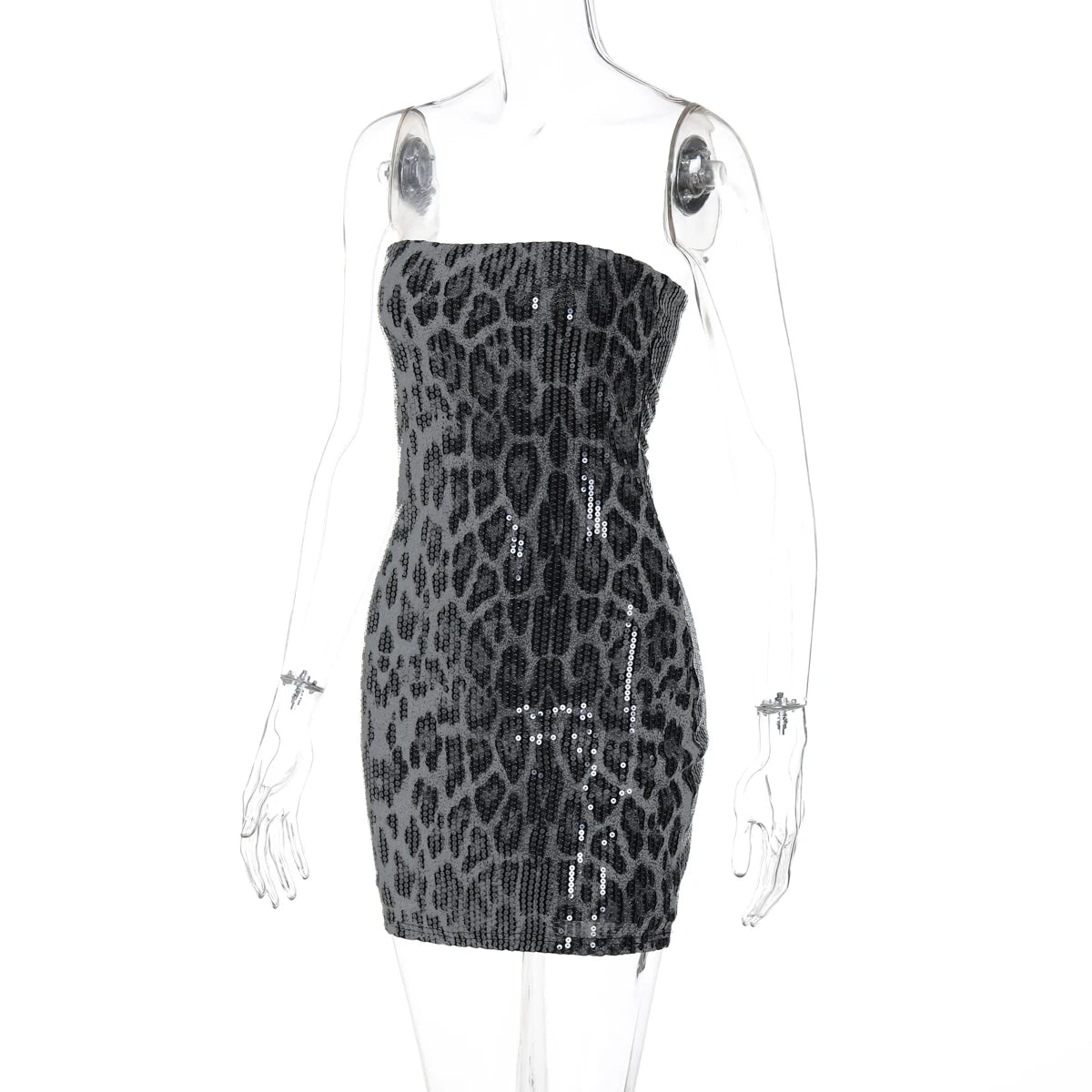 Hugcitar Leopard Print Sequined Strapless Backless Sexy Bodycon Mini Dress 2024 Autumn Women Fashion Y2K Clothes Party Nightclub