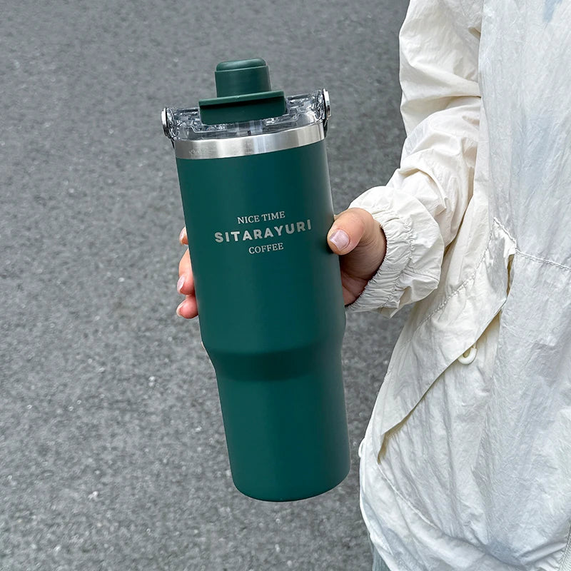 1pc Magnetic Suction Lid Double-layer Vacuum Insulated Water Bottle 600ml/900ml Wide Handle Portable  Outdoorulation Drinkware