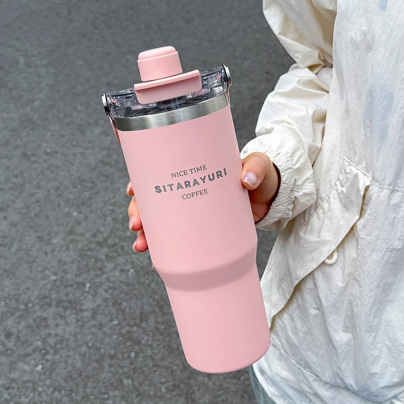 1pc Magnetic Suction Lid Double-layer Vacuum Insulated Water Bottle 600ml/900ml Wide Handle Portable  Outdoorulation Drinkware