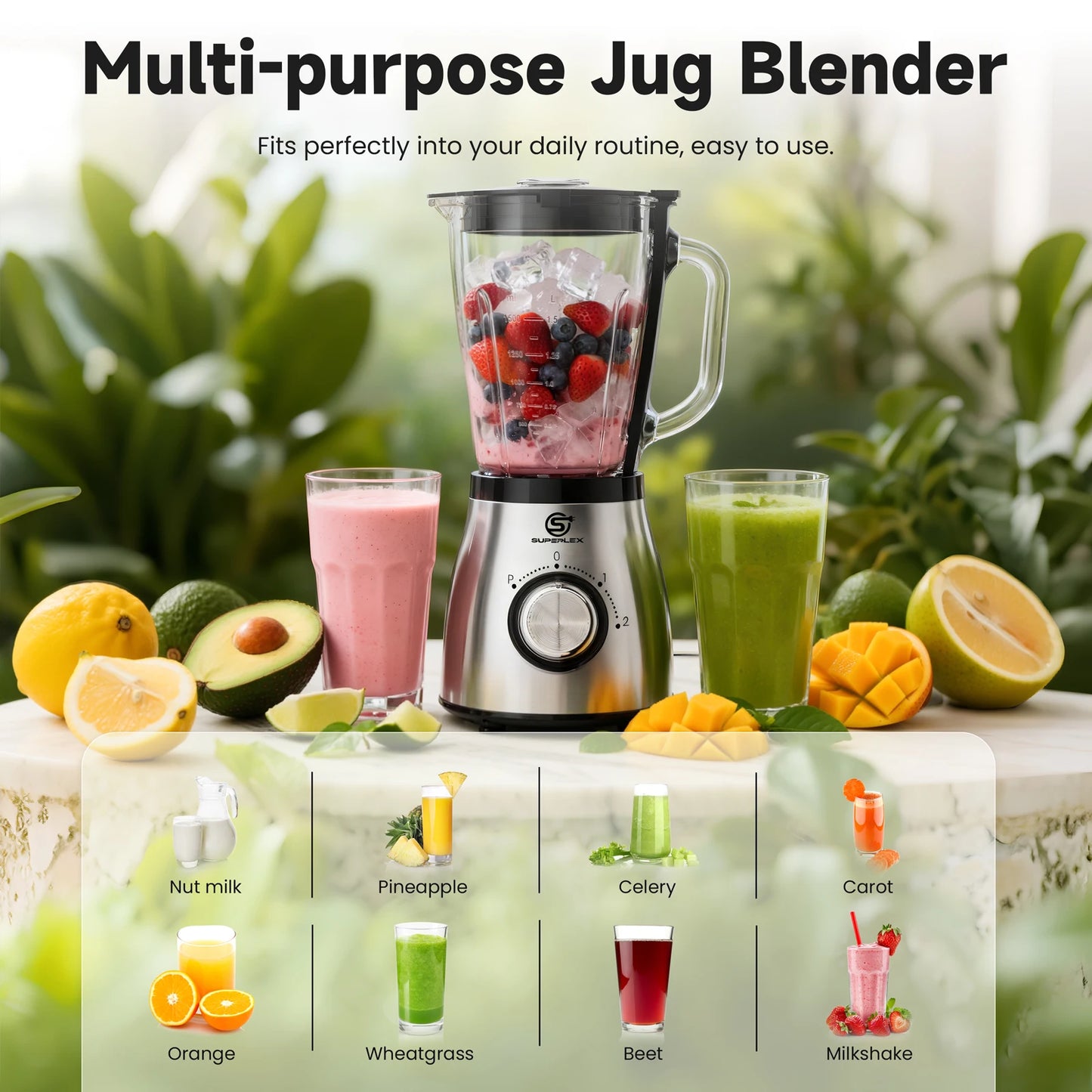 SUPERLEX 1.5L Multifunctional Wall Breaking Machine 2Speed Multi-purpose 3 in 1 Double Cup Squeezing Blender 800W BPA Free New