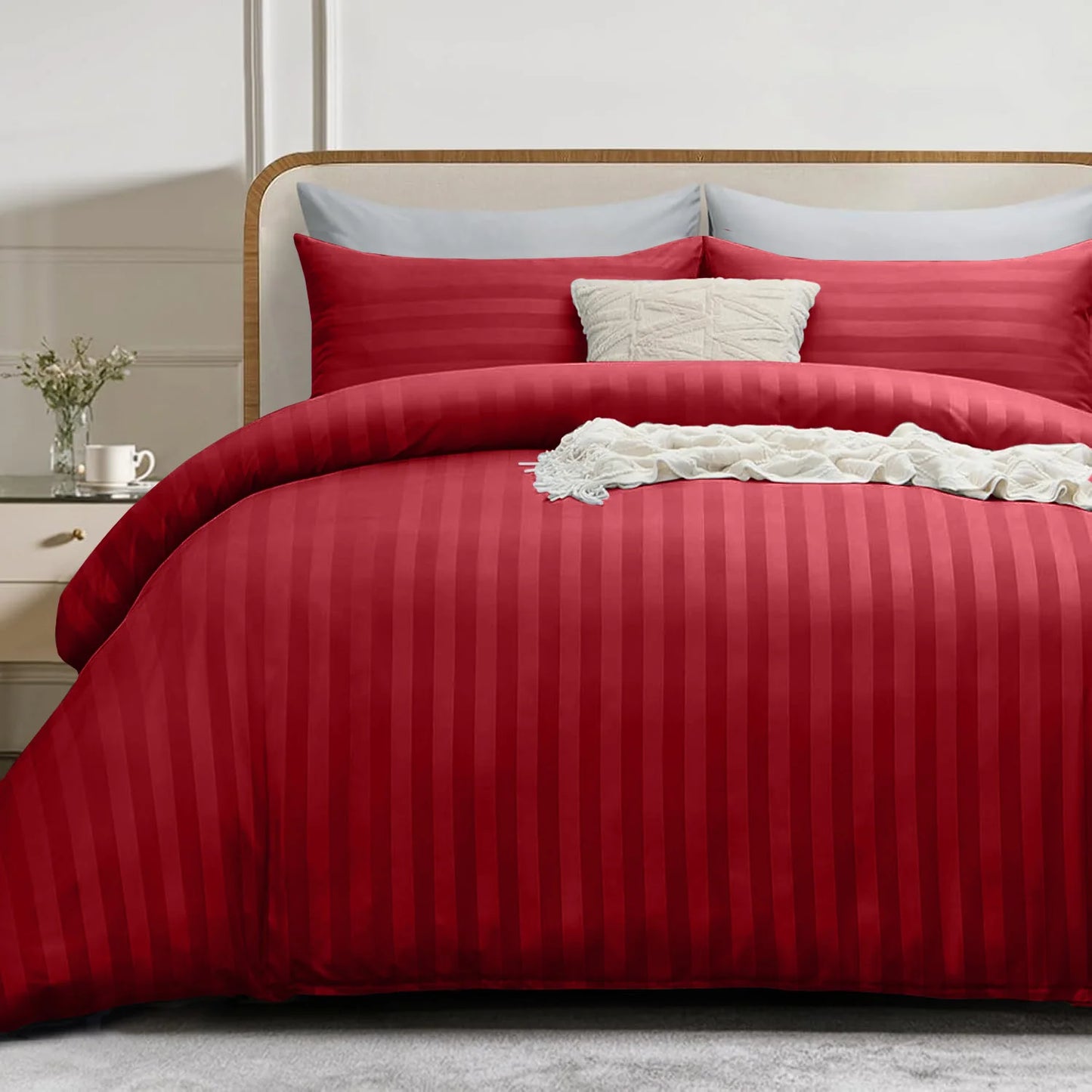 4-Piece Striped Print Duvet Cover Set – Hotel-Quality Soft & Breathable Microfiber Bedding Set with Fitted Sheet, Duvet Cover &