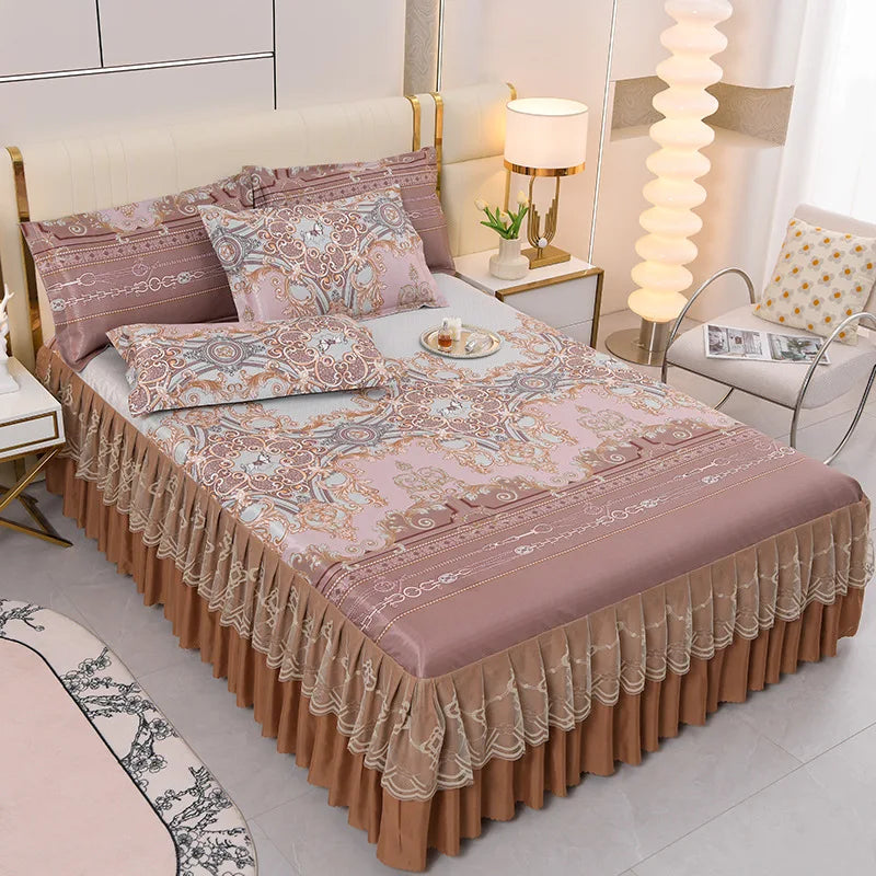 3Pcs Summer Bed Skirt Style Bedspread Lace European Style Three Piece Set Skirt Style Bed Cover Mattress Dust Protection Cover