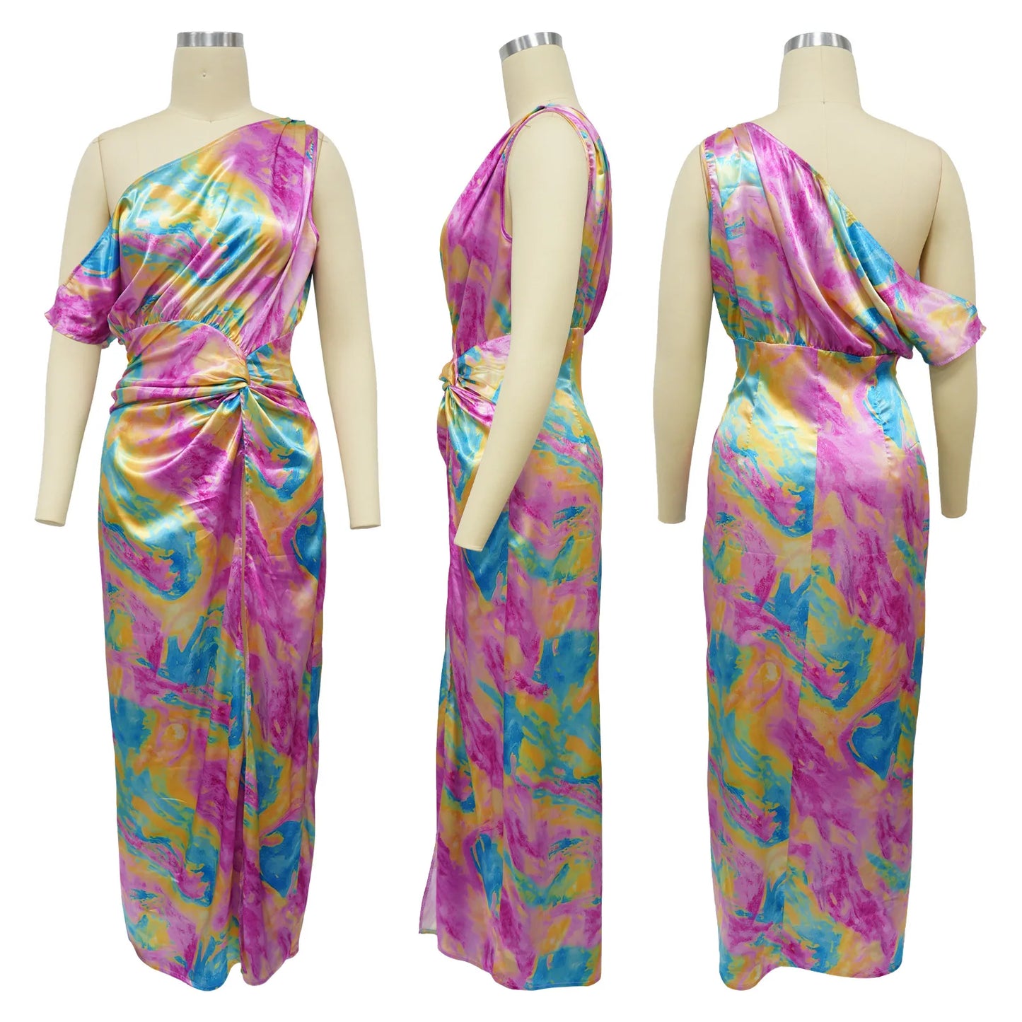 CM.YAYA Women Skew Collar Tie-dye Print Long Dress Summer Streetwear Beach Evening Sexy Night Party Split Maxi Dresses Vestidos